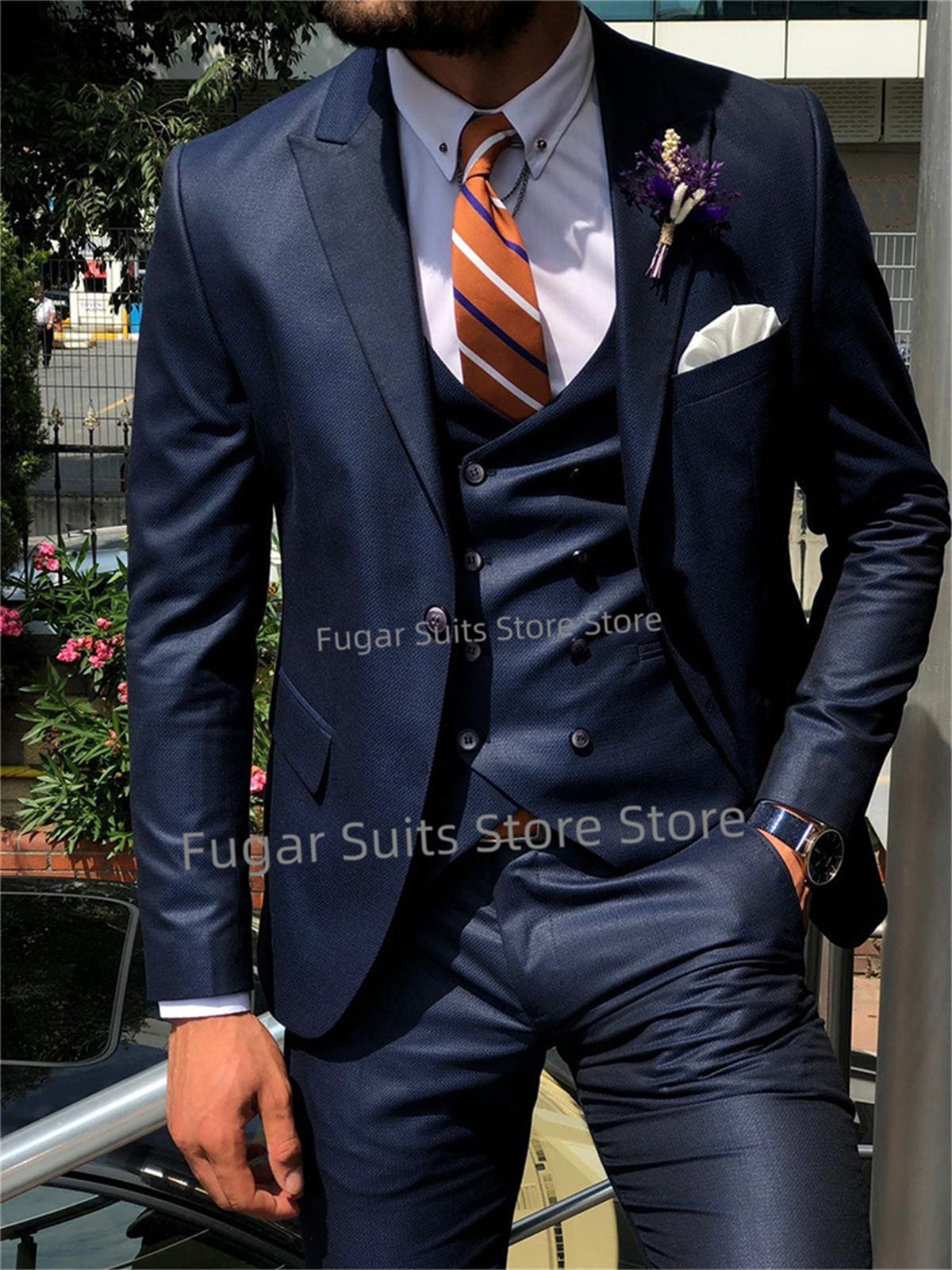 Business Navy Blue Wedding Suits For Man Slim Fit Peak Lapel Groom Tuxedo Prom 3 Piece Sets Luxuly Male Blazer Costume Homme