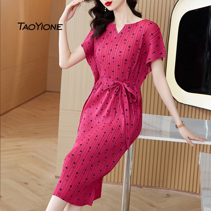 2023 Vestidos Vintage Sweet Chiffon Dot Printed Elegant Summer Pleated Midi Short Sleeve Dress Female Robe Women's Lady Dresses