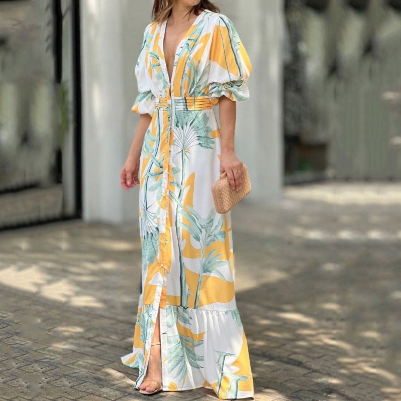 Ellafads Women Maxi Dress Summer Stylish Print Short Puff Sleeve V Neck Nipped Waist Slim Single Row Button Beach Party Dresses