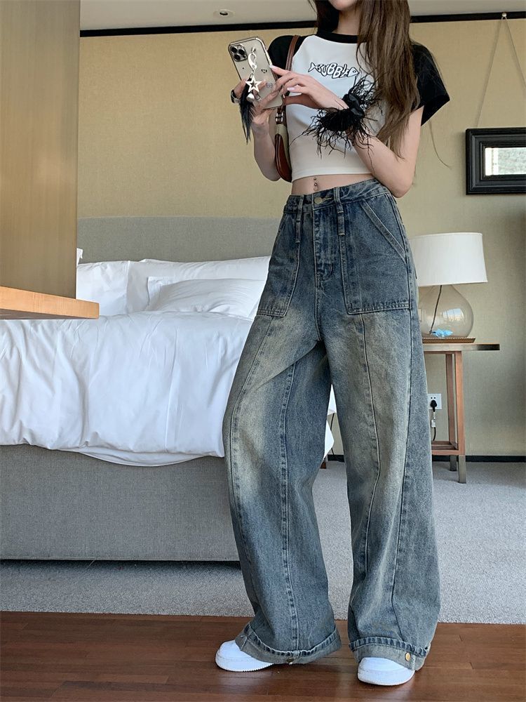 Washed Straight Leg Jeans Women's 2023 Spring/Summer New High Waist Slim Fit Wide Leg Pants Casual Versatile Jeans Women's Wear